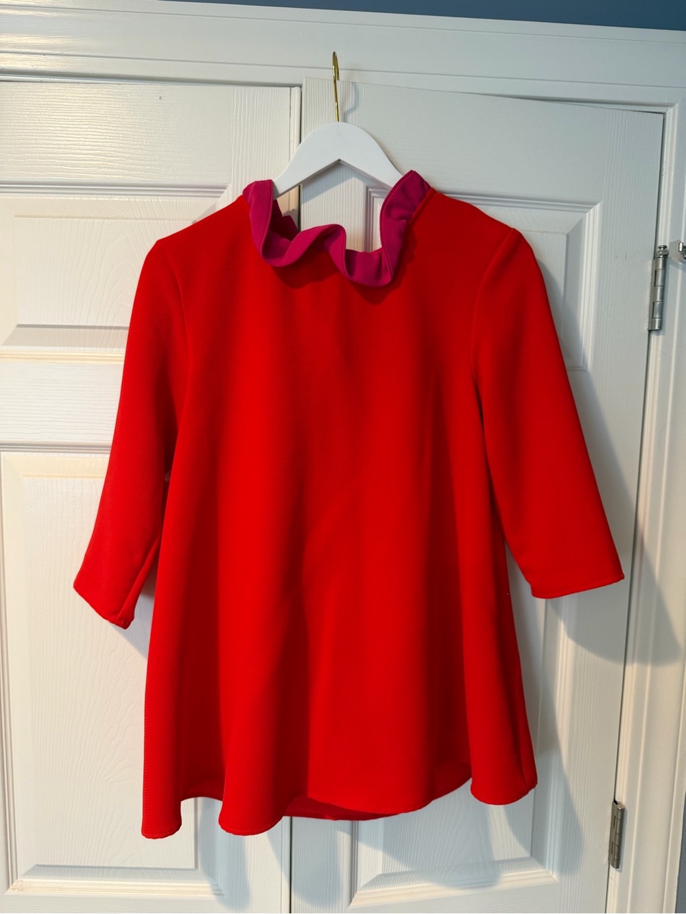 Pomander Place Red Long Sleeve Top with Pink Ruffle Collar